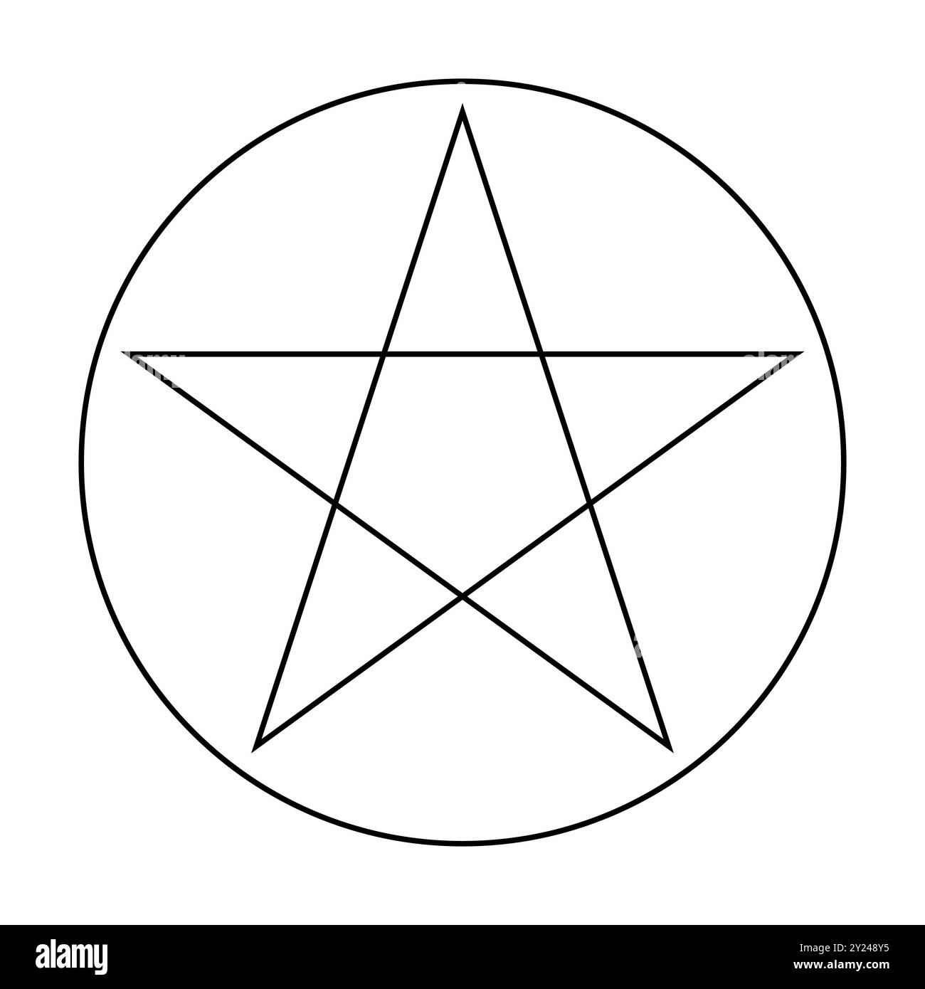 Pentagramma circoscritto da un cerchio. Segno a stella a cinque punte. Magico simbolo di fede. Semplice illustrazione nera piatta. Illustrazione Vettoriale