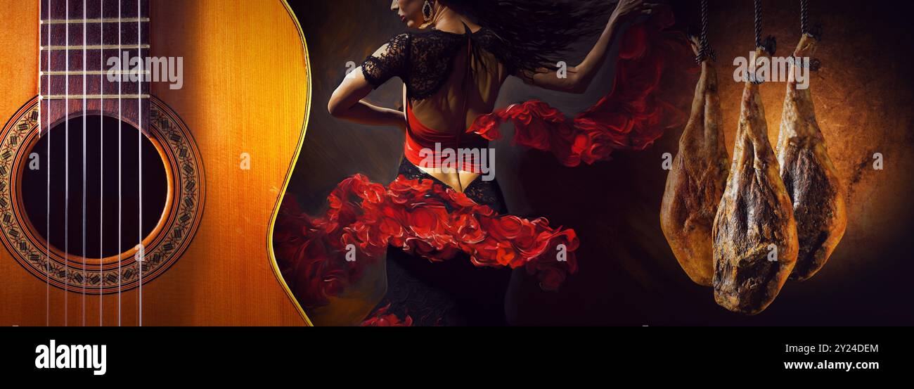 Affettare il prosciutto spagnolo íberic. Design di jamon spagnolo e chitarra spagnola, ballerino di flamenco, cibo e cultura tradizionali. Prosciutto spagnolo secco, Jamon Serrano. Foto Stock