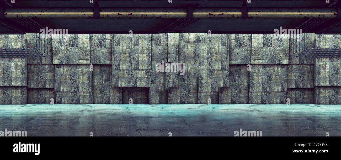 Fondo industriale interno e cemento pillars.3D Illustration.Blank calcestruzzo ampio spazio interno e parete. Foto Stock