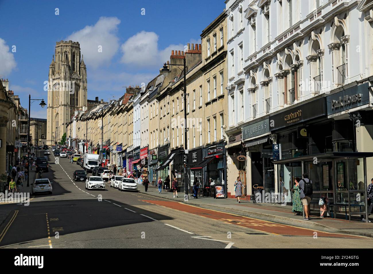 Park Street e Will's Memorial Tower dell'Università di Bristol, Bristol, Inghilterra. Foto Stock