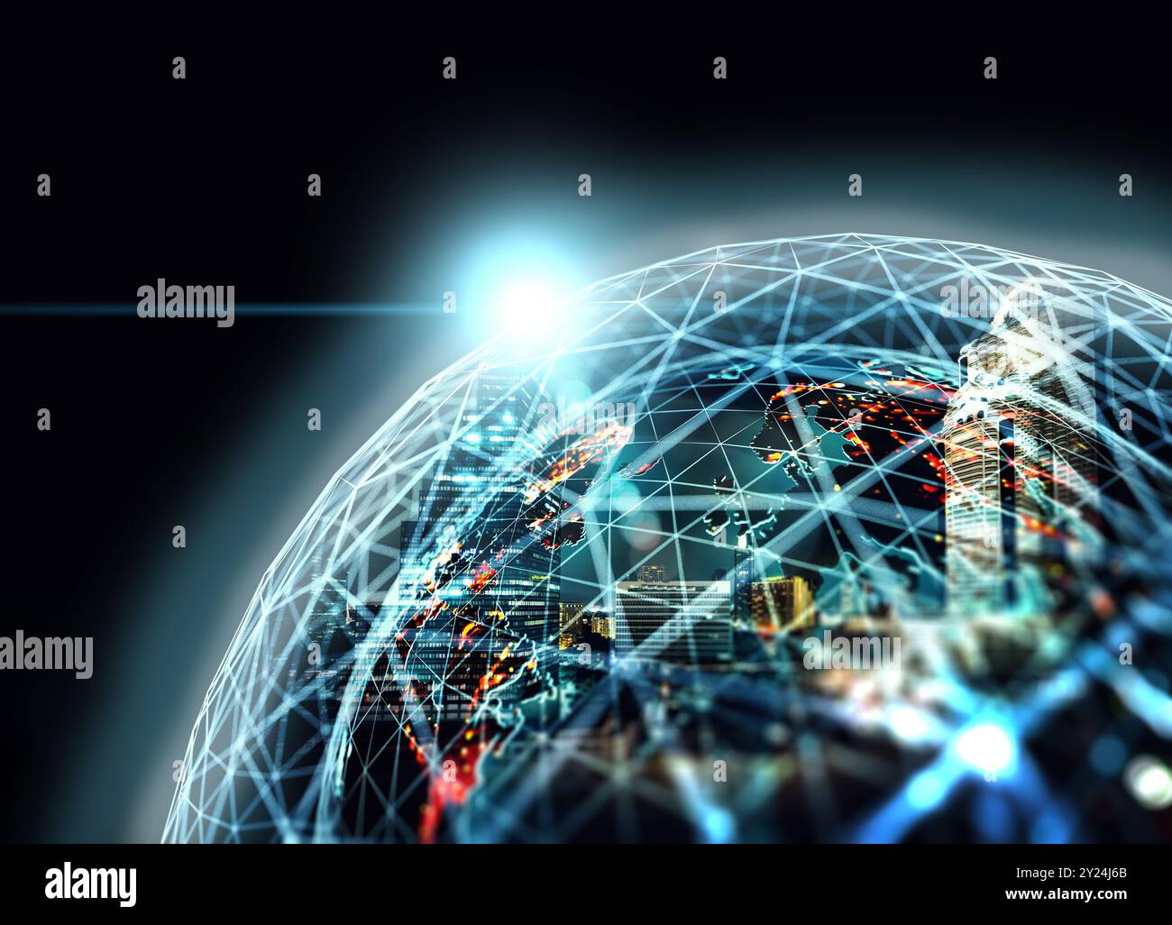 Mappa del mondo e luci della città. Concetto globale di social network e Internet.sfondo futuristico con pianeta Terra e spazio.illustrazione 3d. Foto Stock