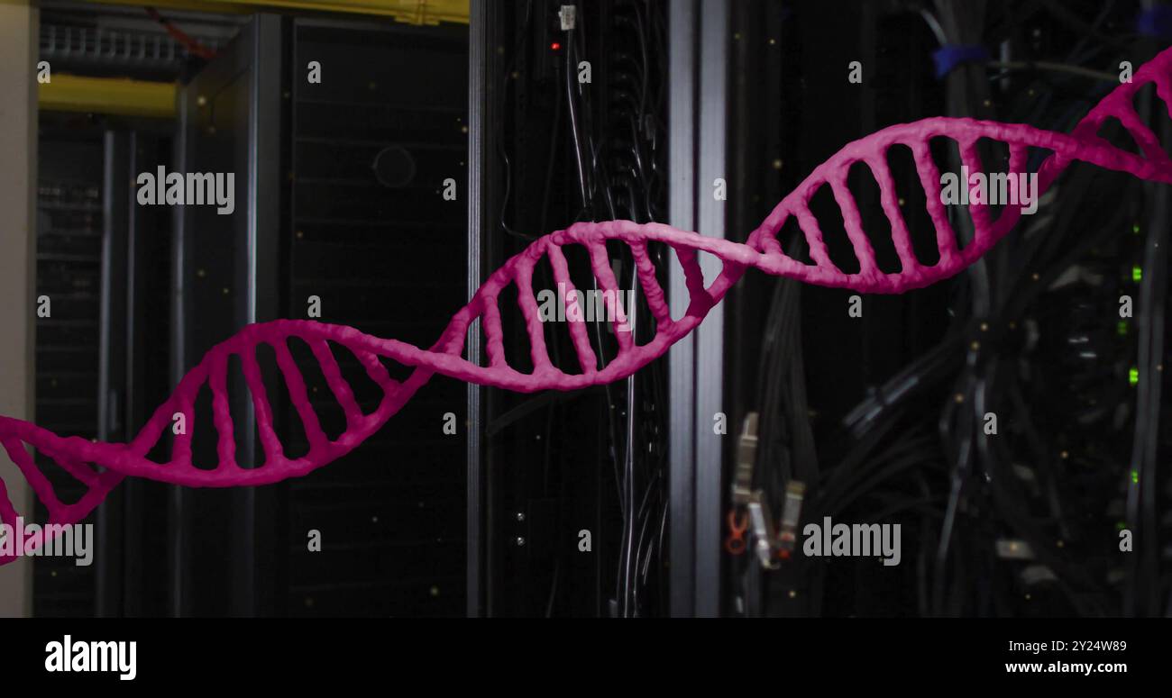 Immagine del filamento di dna rosa su server di computer scuri Foto Stock