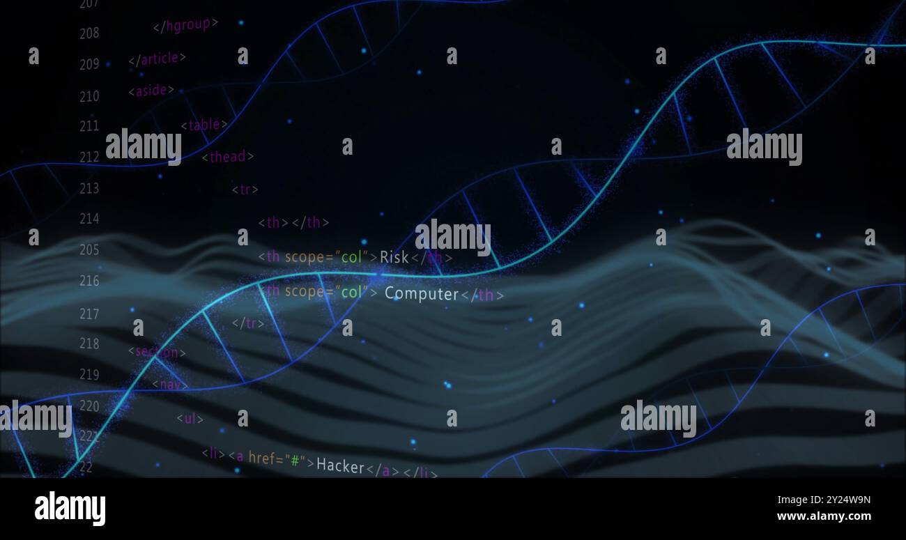 Filamenti di DNA ed elementi di codifica su onde astratte e dati binari Foto Stock