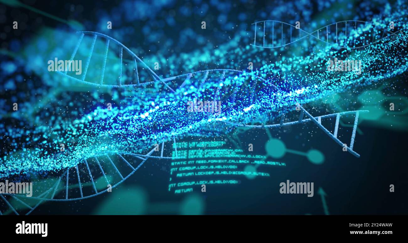 Filamenti di DNA e codifica binaria, immagine di elaborazione dei dati scientifici Foto Stock