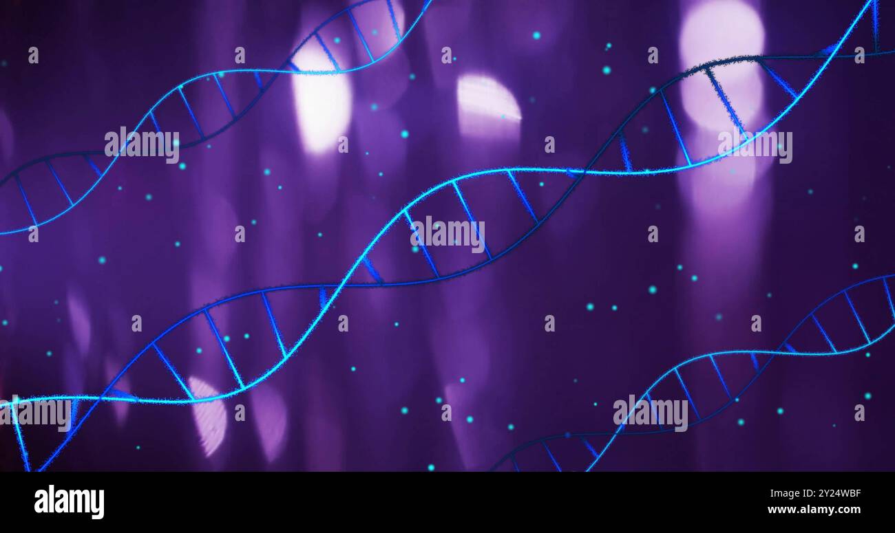 Filamenti e particelle di DNA su sfondo viola, immagine scientifica Foto Stock