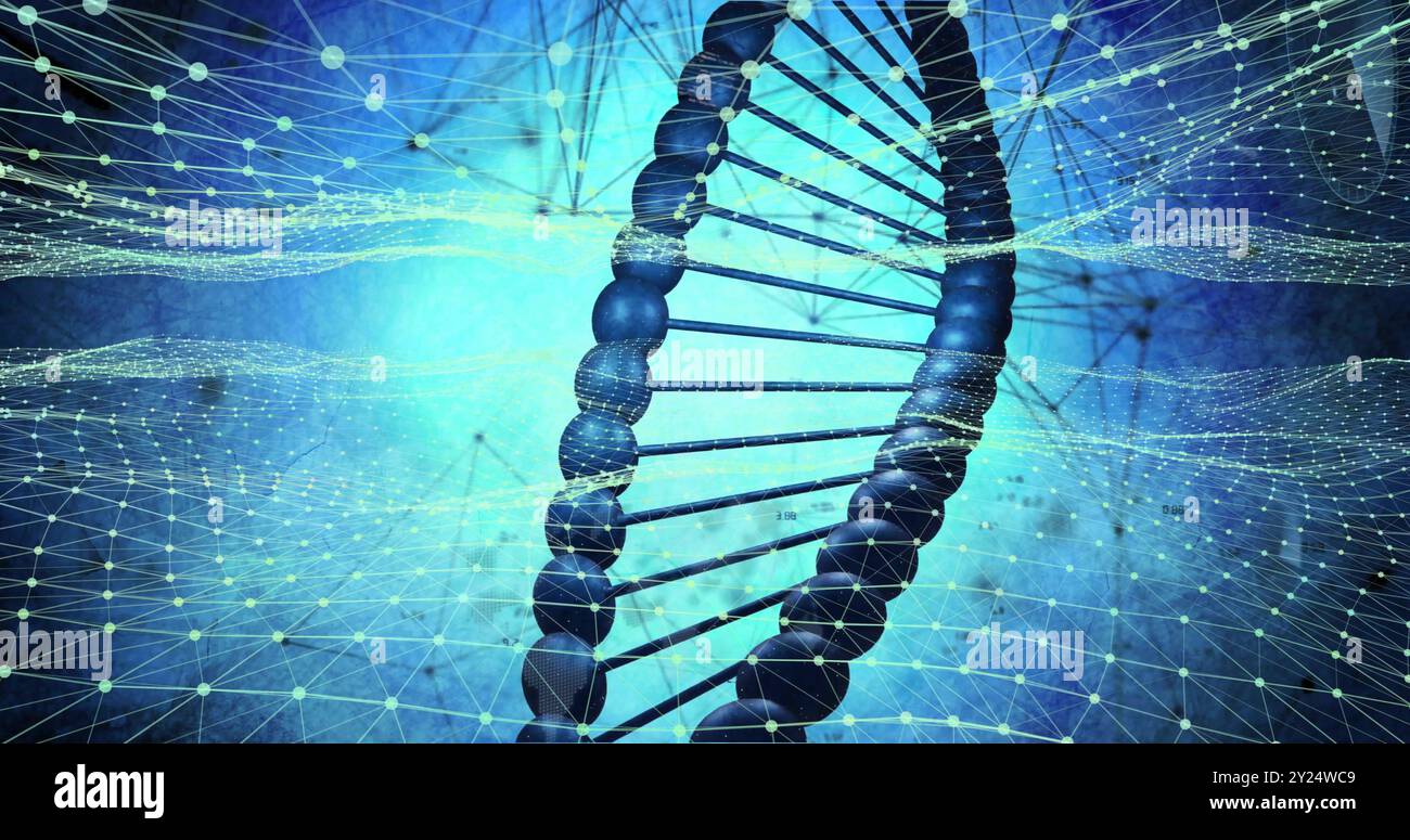 Filamento di DNA e connessioni di rete, elaborazione di dati scientifici Foto Stock