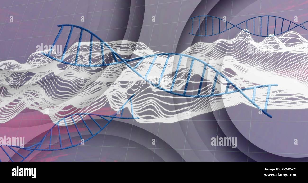 Filamenti di DNA e forme d'onda, immagine di elaborazione dei dati scientifici Foto Stock