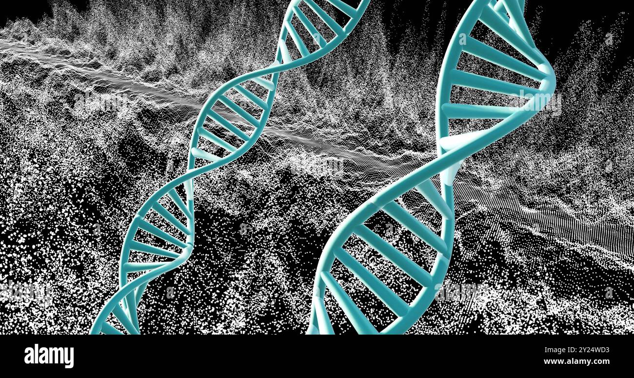 Filamenti di DNA e strutture molecolari su sfondo di onde di particelle Foto Stock