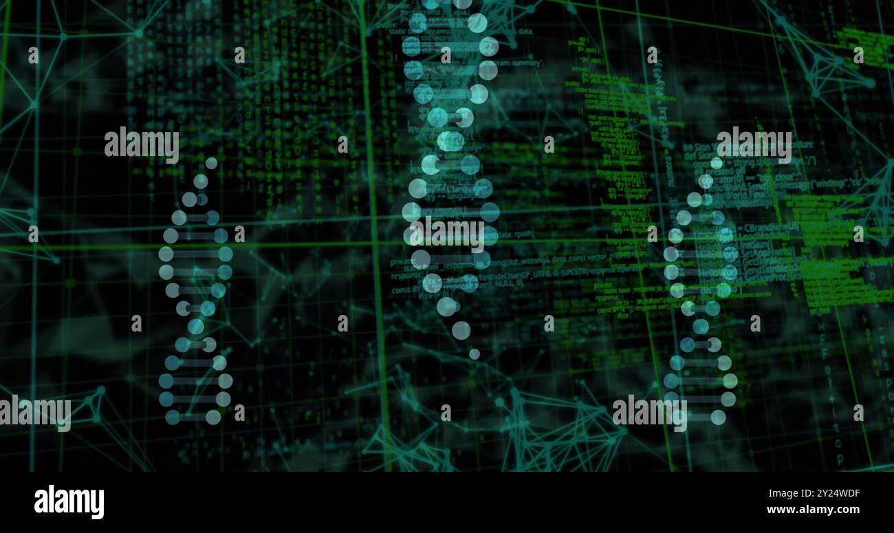 Filamenti di DNA e sequenze di codifica sull'elaborazione di dati scientifici Foto Stock