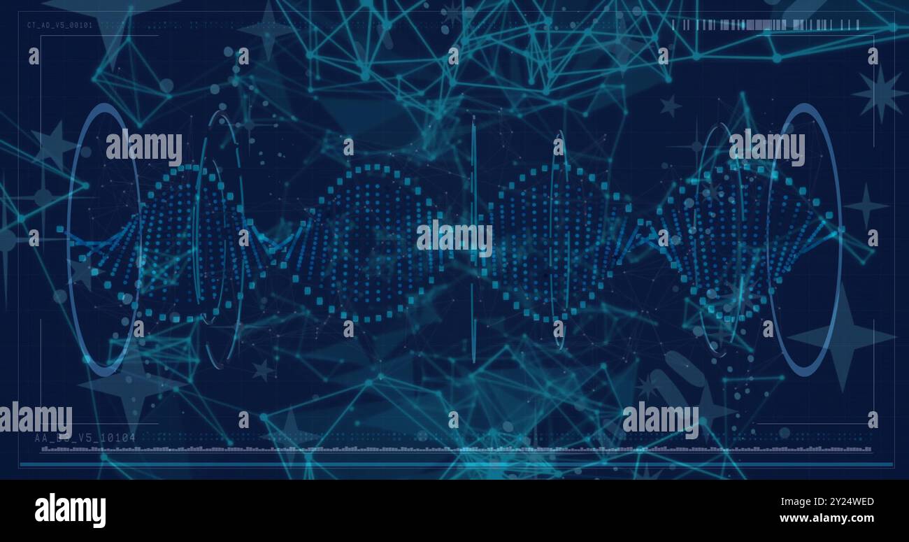 Filamento di DNA e connessioni di rete, elaborazione di dati scientifici Foto Stock