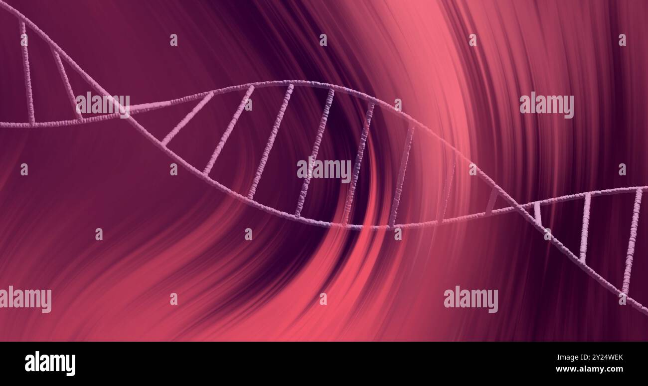 Immagine del filamento di DNA su sfondo astratto rosso e rosa vorticoso Foto Stock