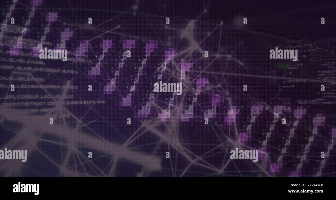 Filamento di DNA e codifica binaria su connessioni di rete astratte Foto Stock