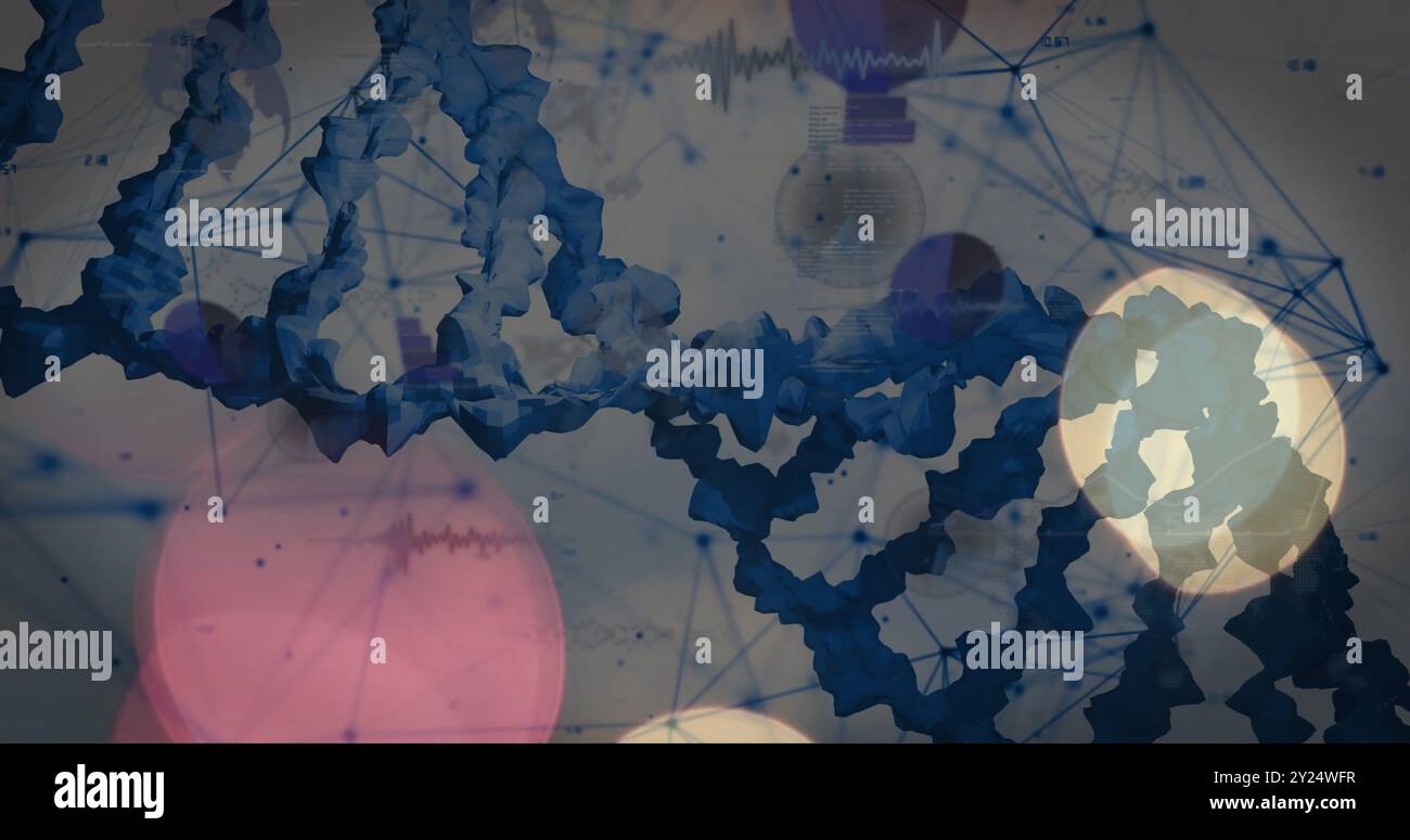 Filamenti di DNA e connessioni di rete su forme astratte blu e bianche Foto Stock