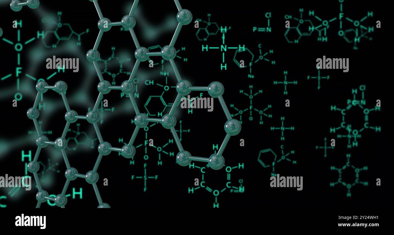 Strutture molecolari e formule chimiche, immagine della ricerca scientifica su sfondo nero Foto Stock
