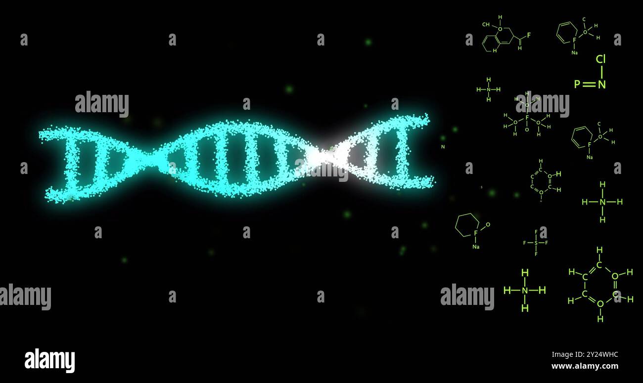 Filamento di DNA e formule chimiche, elaborazione di dati scientifici Foto Stock
