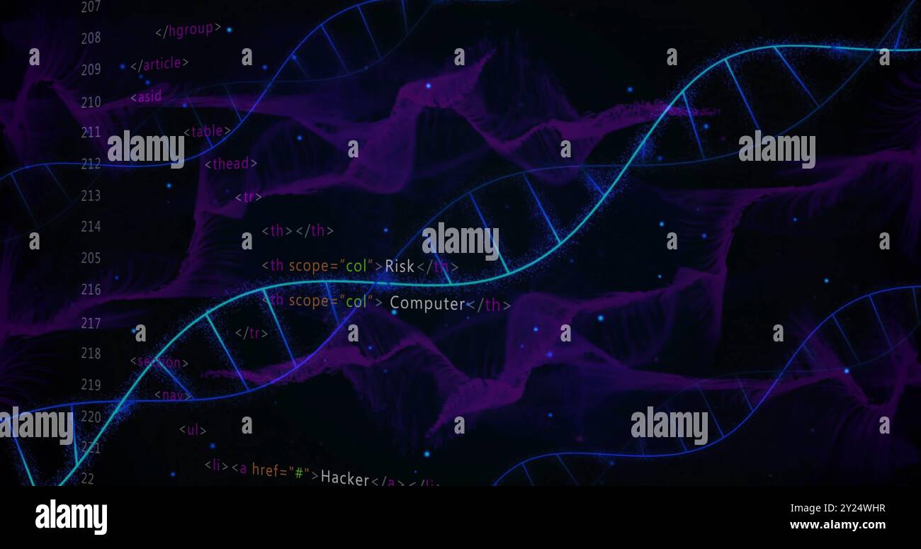 Filamenti di DNA e codice HTML sulla visualizzazione dei dati digitali Foto Stock