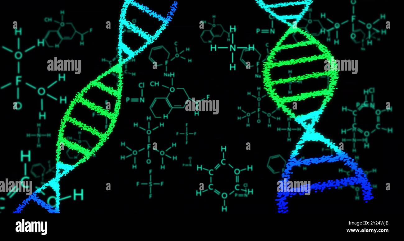 Filamenti di DNA e strutture chimiche, elaborazione di dati scientifici Foto Stock
