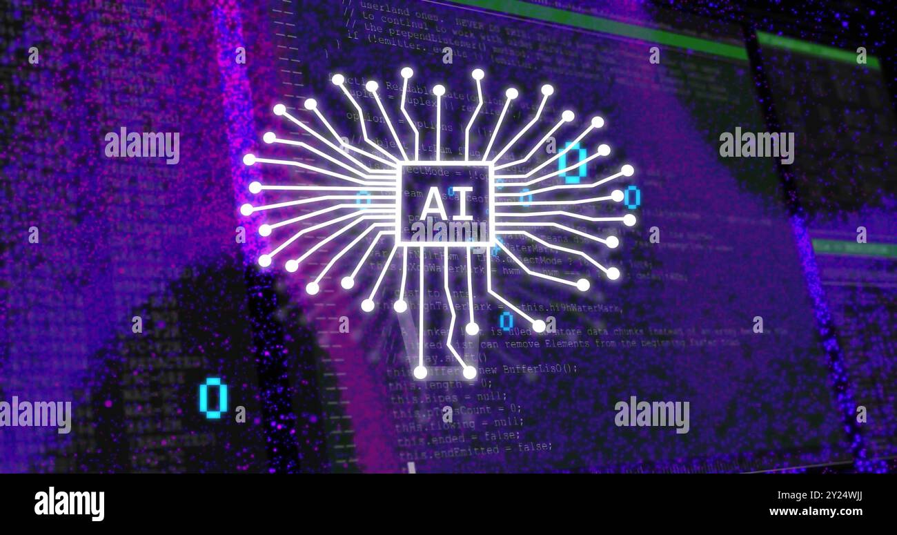 Struttura dei circuiti digitali e codice binario sull'immagine di programmazione del computer Foto Stock