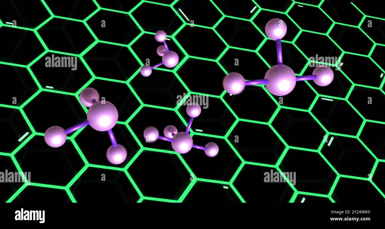 Immagine delle strutture molecolari su griglia esagonale verde brillante Foto Stock