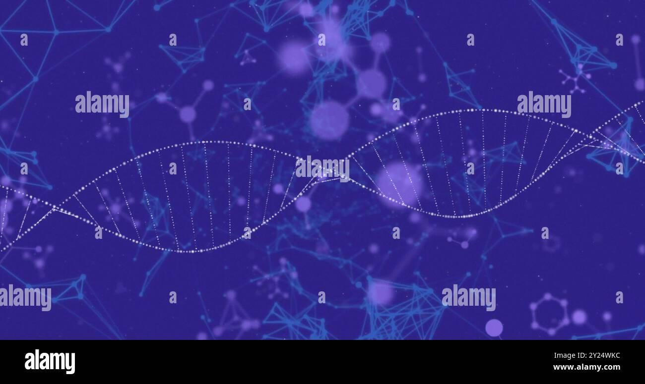 Immagine del filamento di DNA su strutture molecolari astratte su sfondo blu Foto Stock