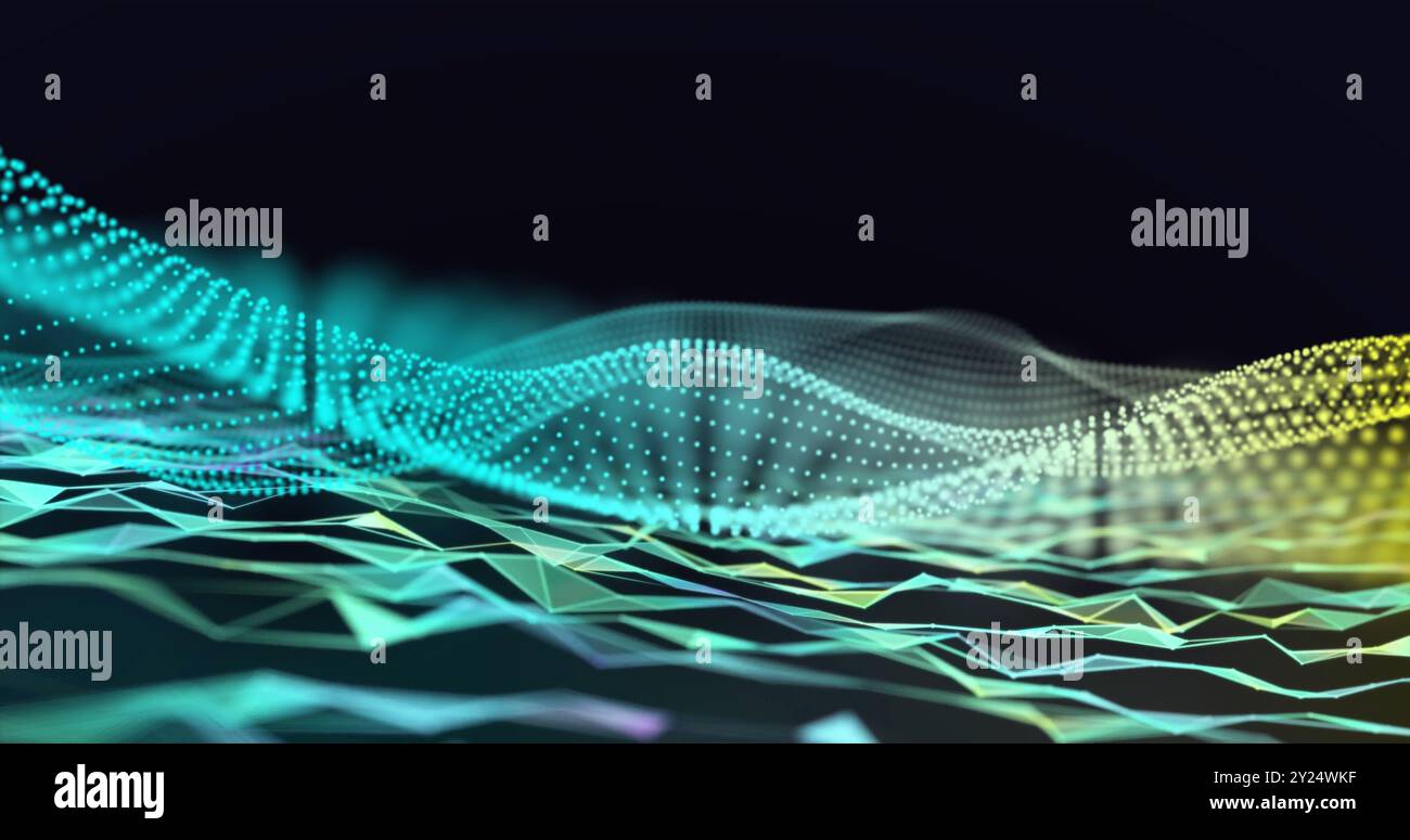 Forme d'onda digitali e punti dati su un paesaggio geometrico astratto Foto Stock