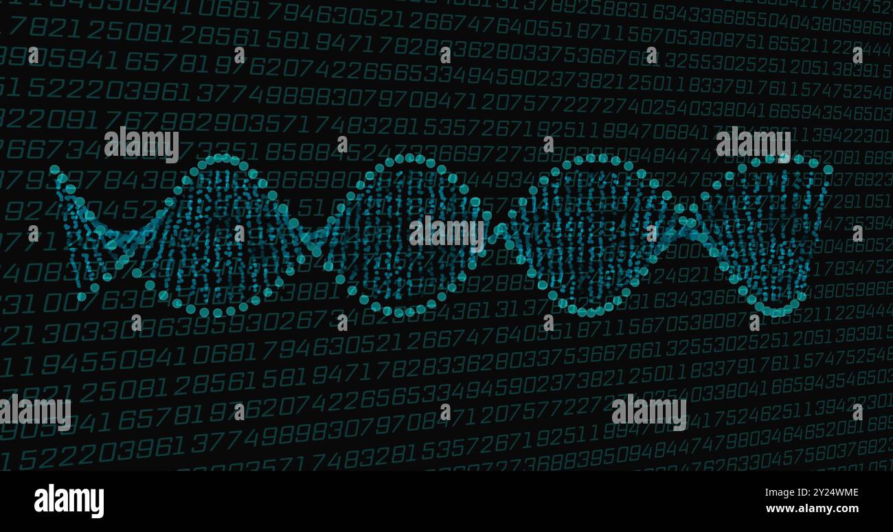 Filamento di DNA e codifica binaria, elaborazione di dati scientifici Foto Stock