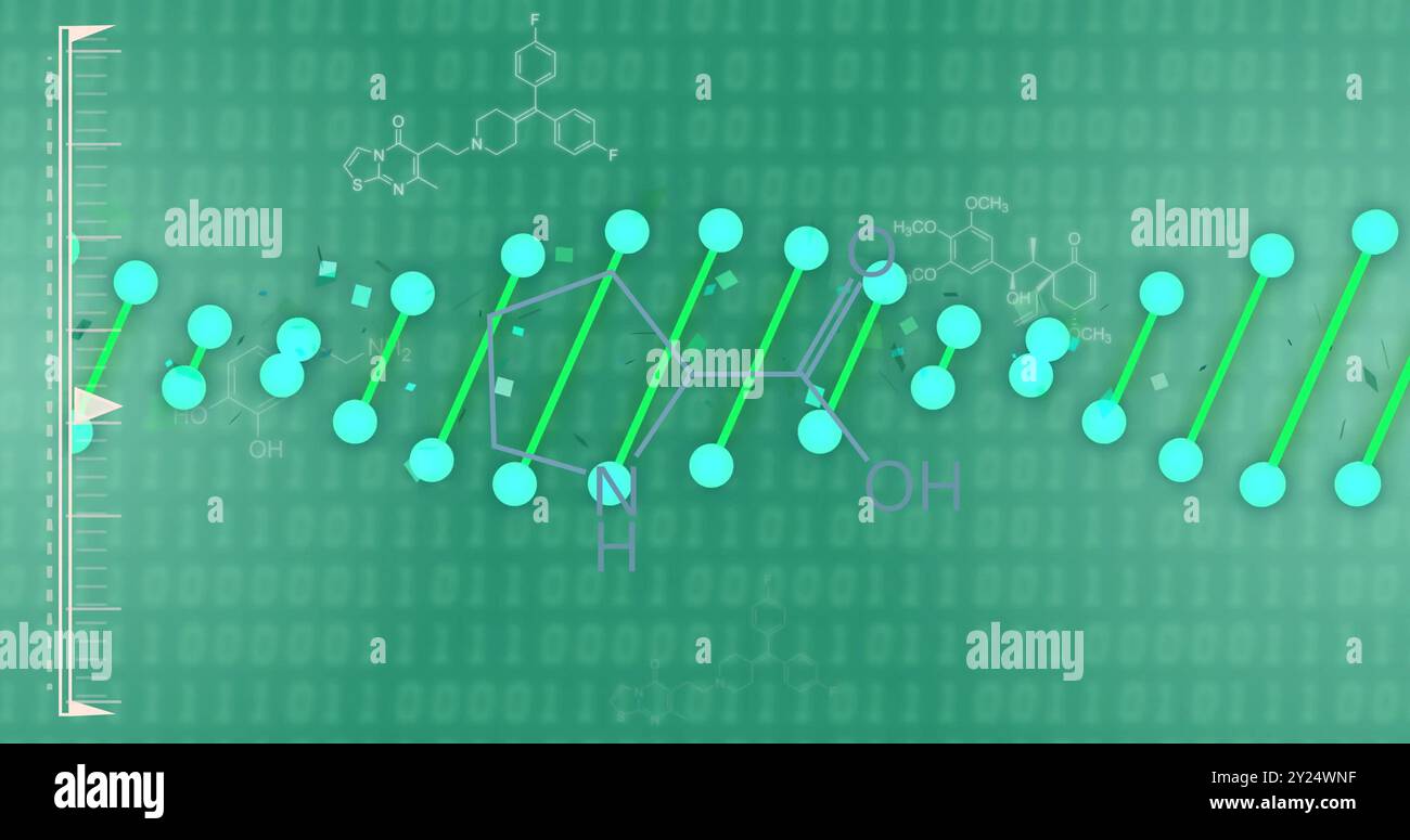 Filamento di DNA e formule chimiche su sfondo verde con codifica binaria Foto Stock