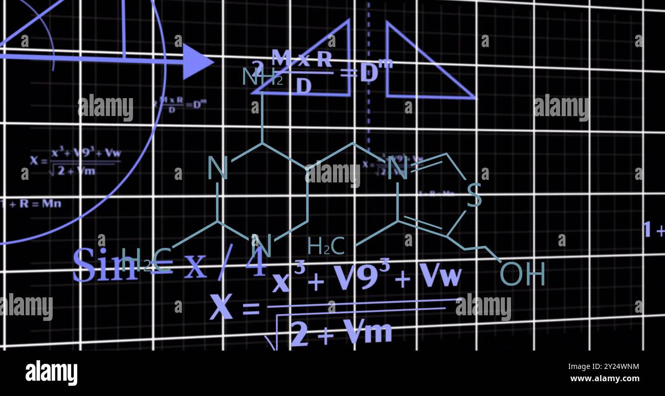 Formule chimiche ed equazioni matematiche sullo sfondo della griglia Foto Stock