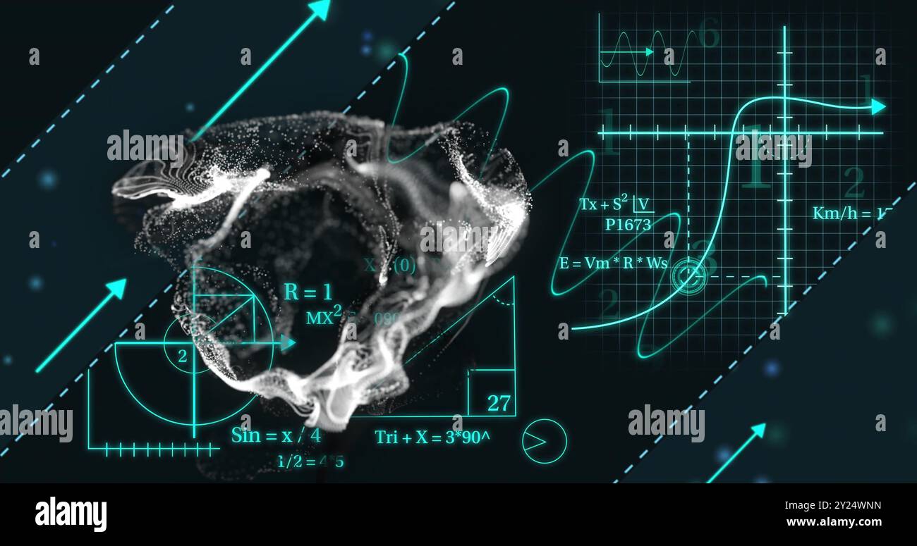Formule matematiche e grafici su modello di cranio 3D, concetto di analisi scientifica Foto Stock