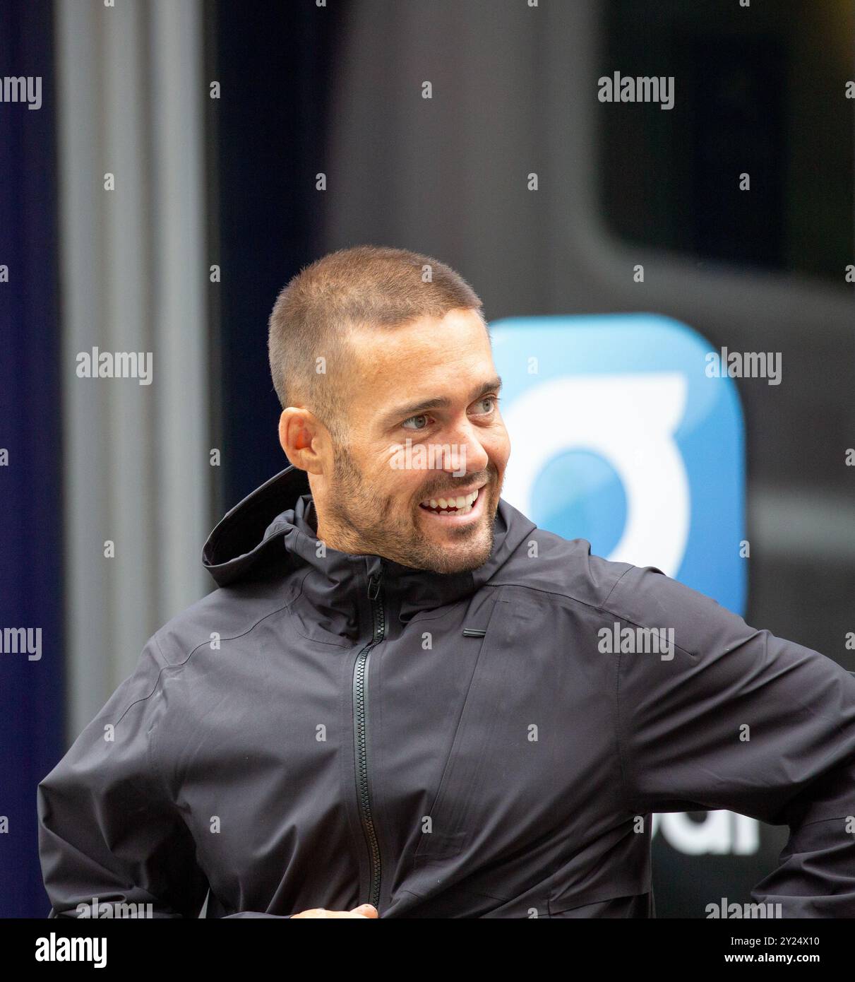 Londra, Inghilterra, Regno Unito. 9 settembre 2024 l'ex star del Made in Chelsea Spencer Matthews ha stabilito un nuovo Guinness World record la scorsa settimana, eseguendo 30 maratone in 30 giorni lascia Global radio Credit: Richard Lincoln/Alamy Live News Foto Stock