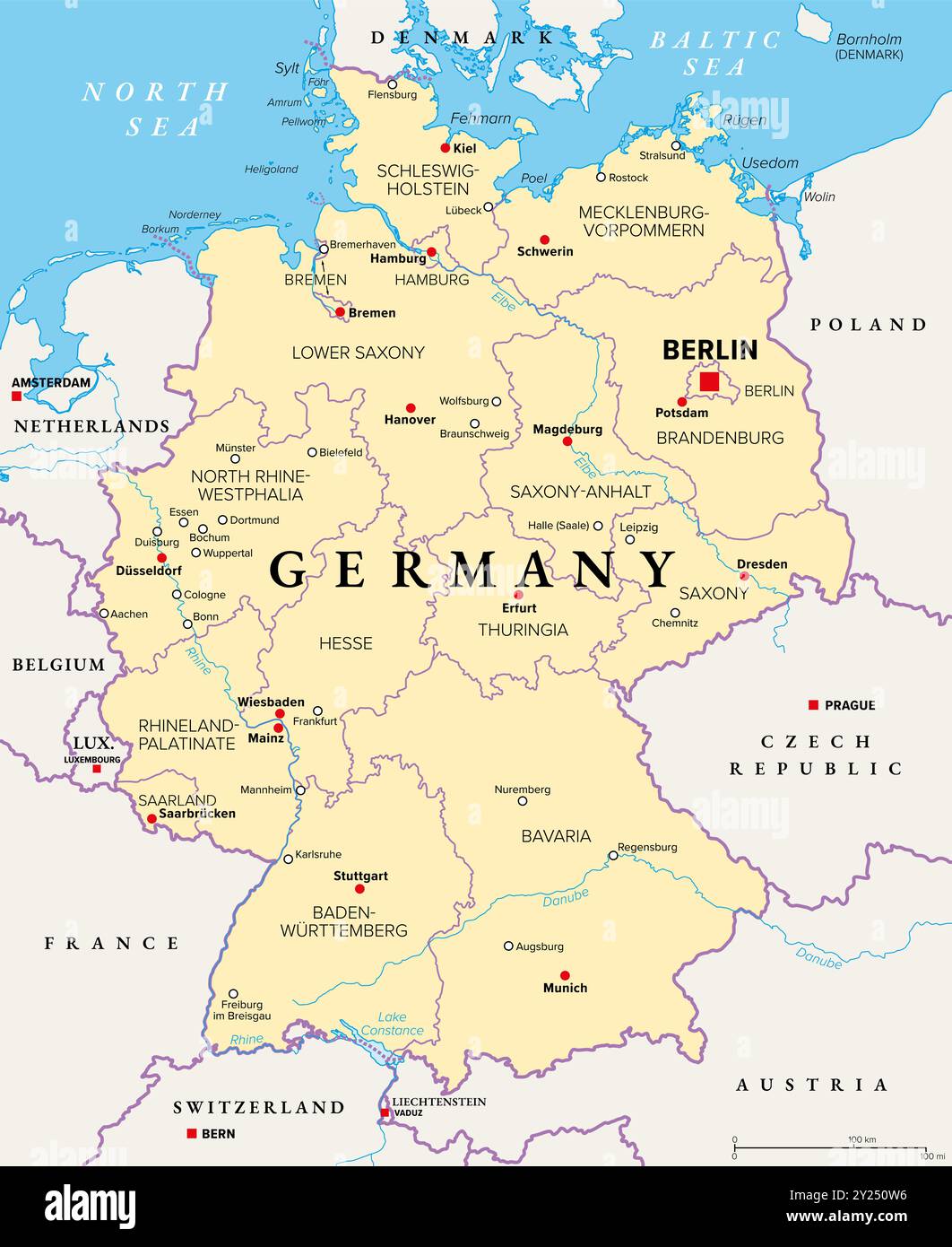 Germania, un paese dell'Europa centrale con capitale Berlino, mappa politica. La Repubblica federale di Germania, con i suoi 16 stati costituenti. Foto Stock