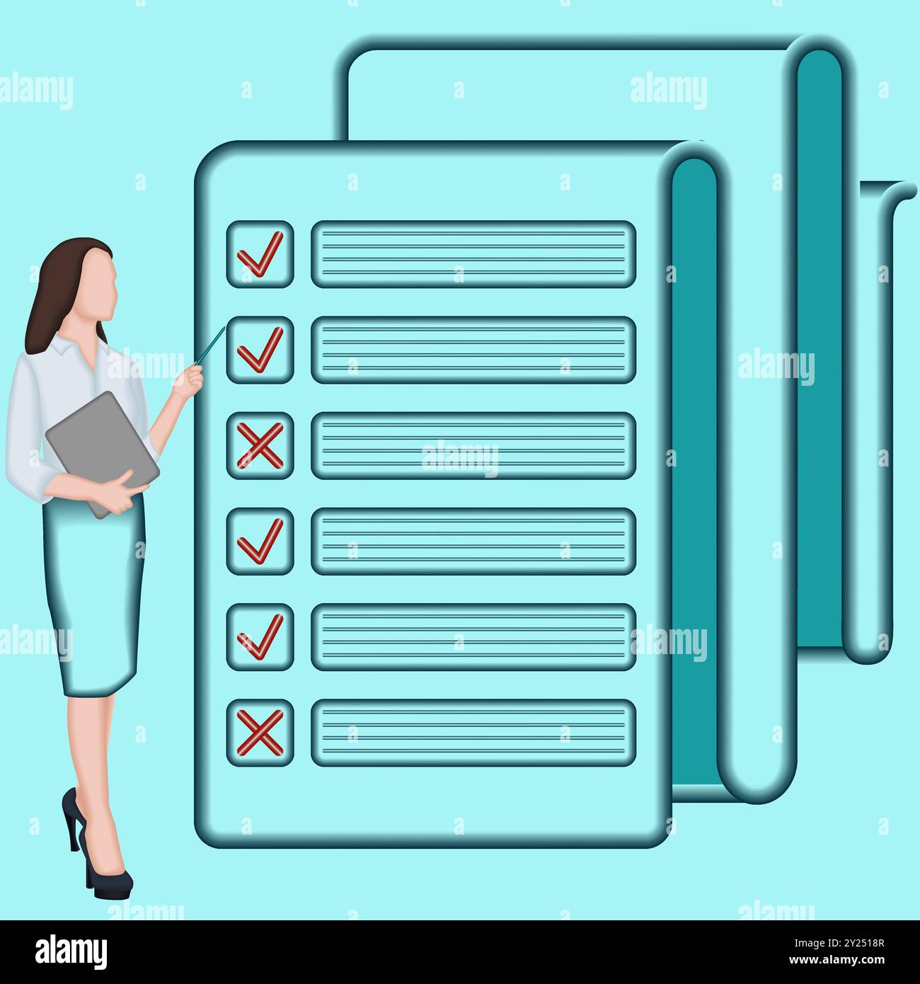 Una donna studia i risultati del sondaggio per identificare e comprendere i problemi nel processo decisionale. Concetto di business. Illustrazione vettoriale 2D. Illustrazione Vettoriale