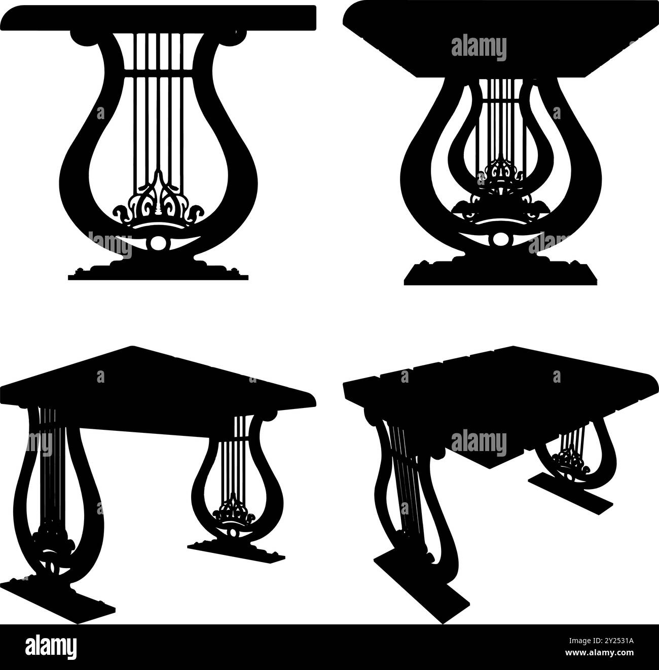 Music Park Bench Vector. Panca da giardino con gambe a forma di lira per strumenti musicali. Illustrazione Vettoriale