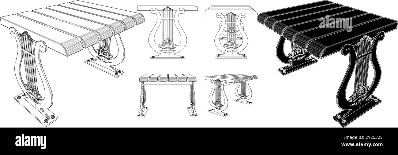 Music Park Bench Vector. Panca da giardino con gambe a forma di lira per strumenti musicali. Illustrazione Vettoriale