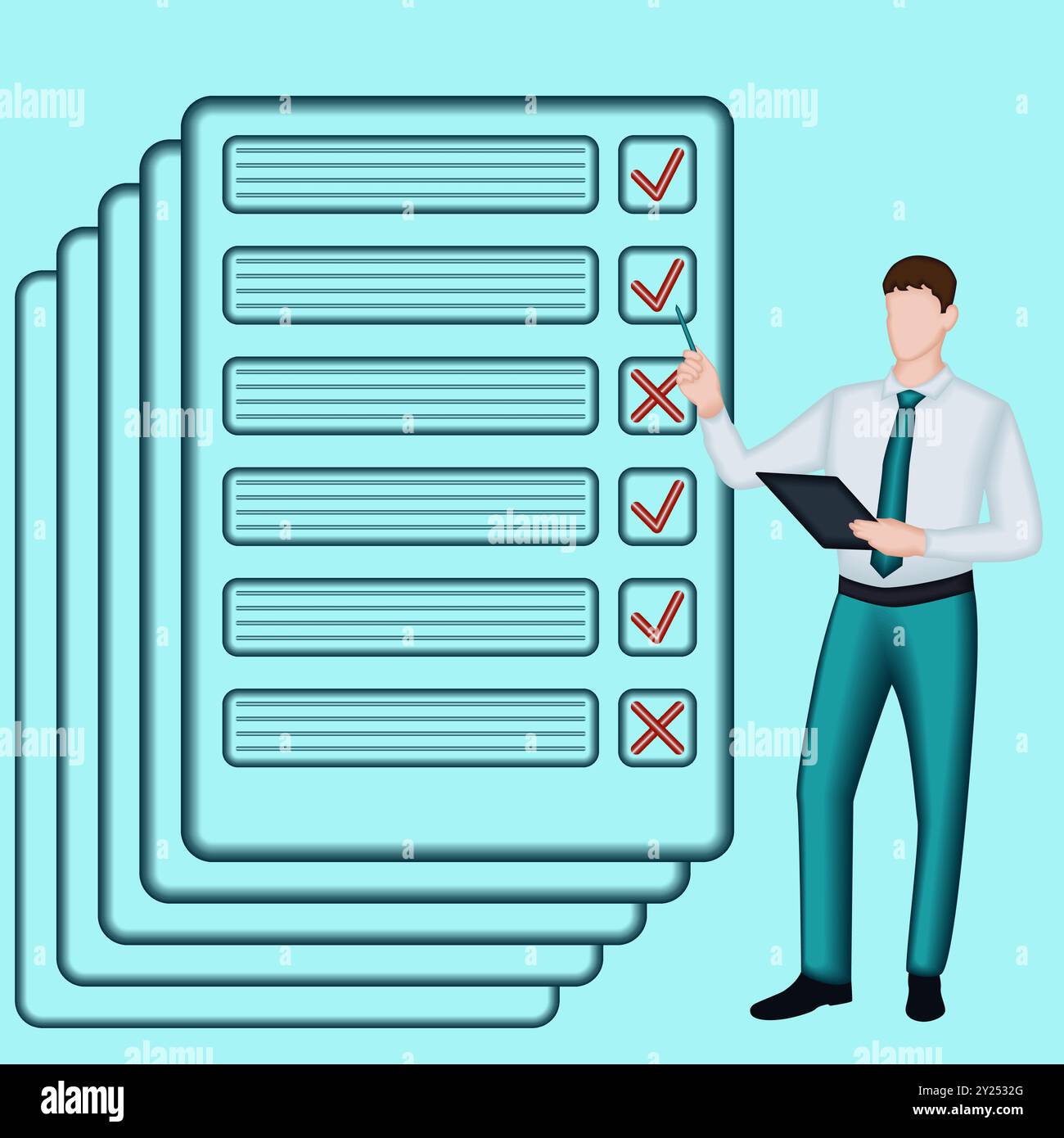 Uomo che ricerca i risultati del sondaggio per identificare e comprendere i problemi durante il processo decisionale. Concetto di business. Illustrazione vettoriale 2D. Illustrazione Vettoriale