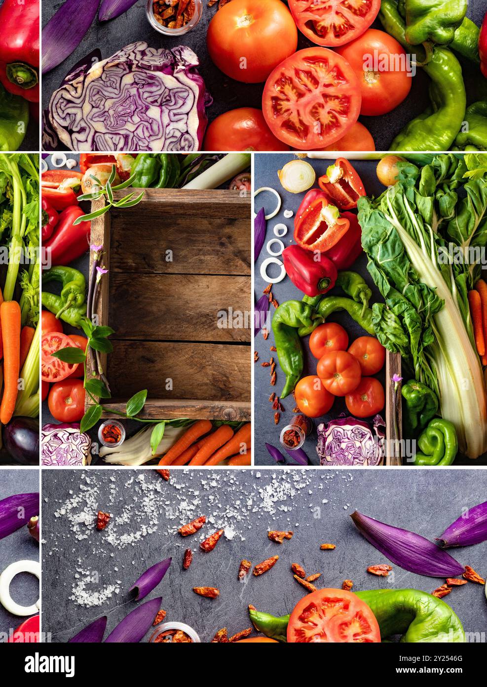 Cibi sani. Raccolta di verdura e frutta su fondo nero di cemento o pietra. Vista dall'alto e copia dello spazio. Cucina e sottofondo vegetariana. Foto Stock