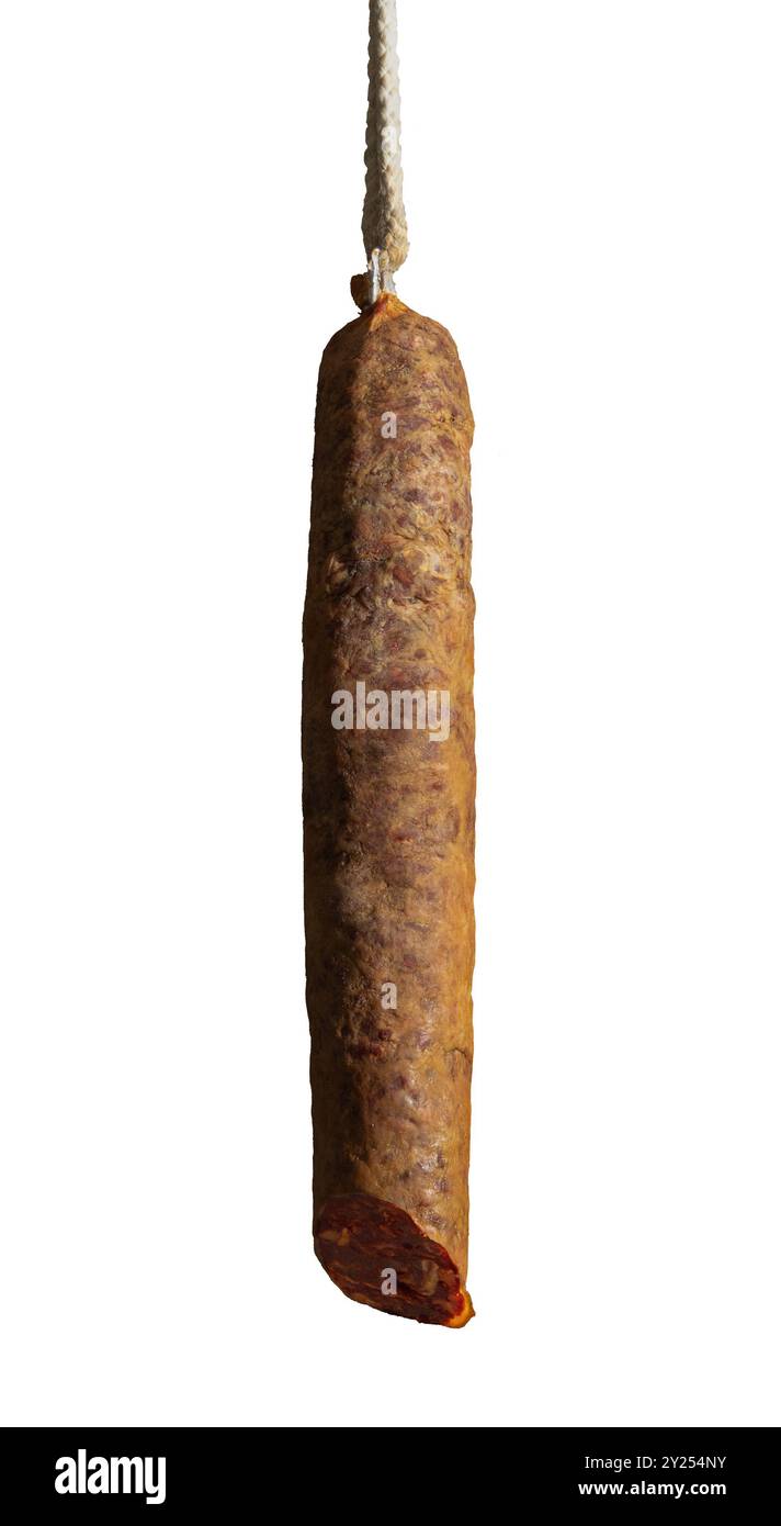 Salumi, chorizo iberico isolato su fondo bianco. Foto Stock