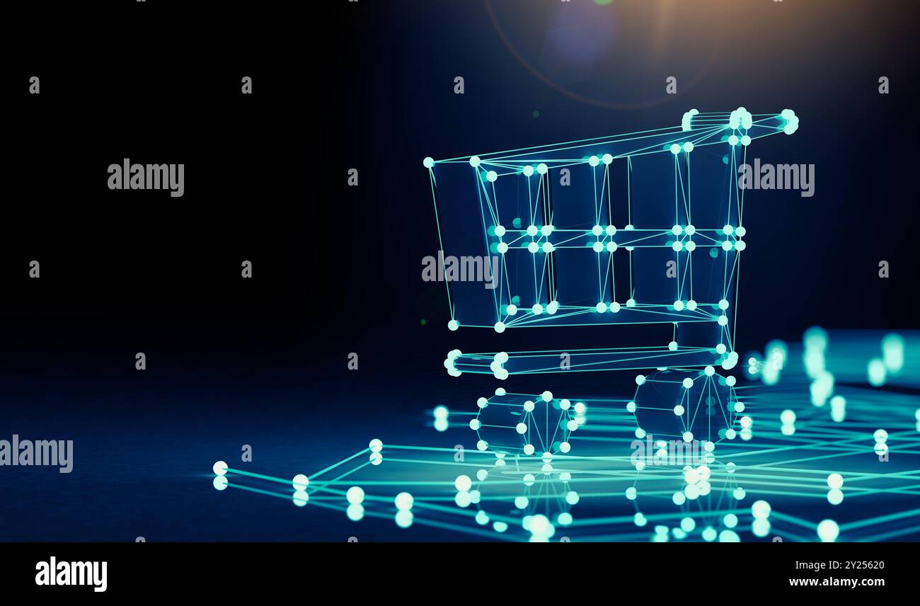 Progettazione di Internet business e carrello della spesa. Concetto di e-commerce ed e-shopping. Foto Stock
