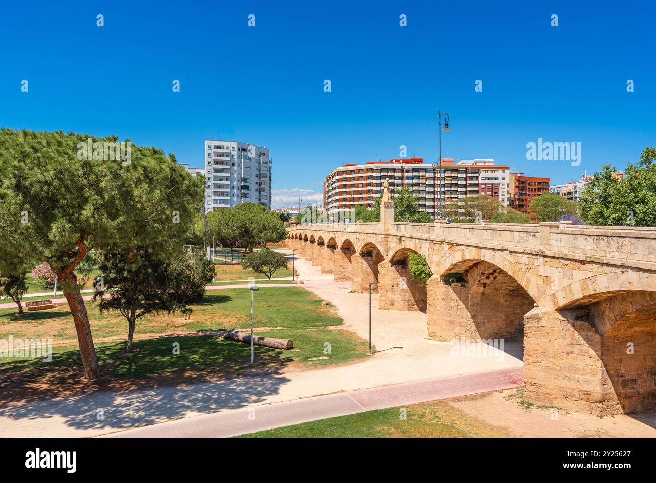 Ponte di San Giuseppe, un punto di riferimento storico nel Giardino del fiume Turia, Valencia, Spagna Foto Stock