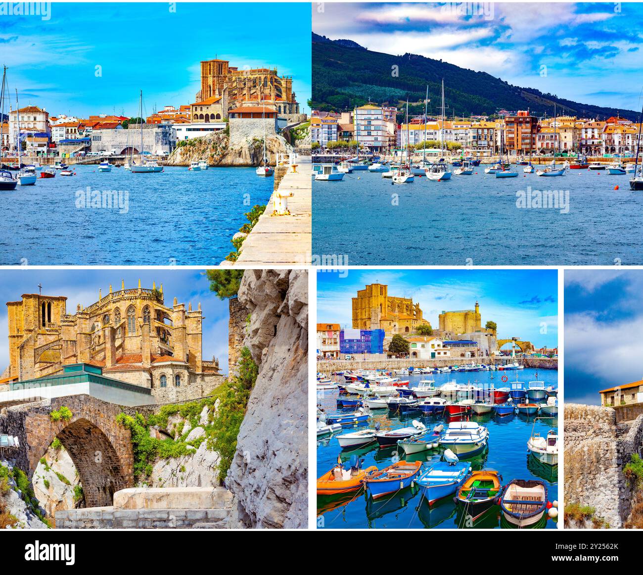 Villaggio di pescatori e attracco barche. Paesaggio marino. Turismo in Spagna. Città costiere della Spagna. Design collage di Castro Urdiales. Cantabria. Foto Stock