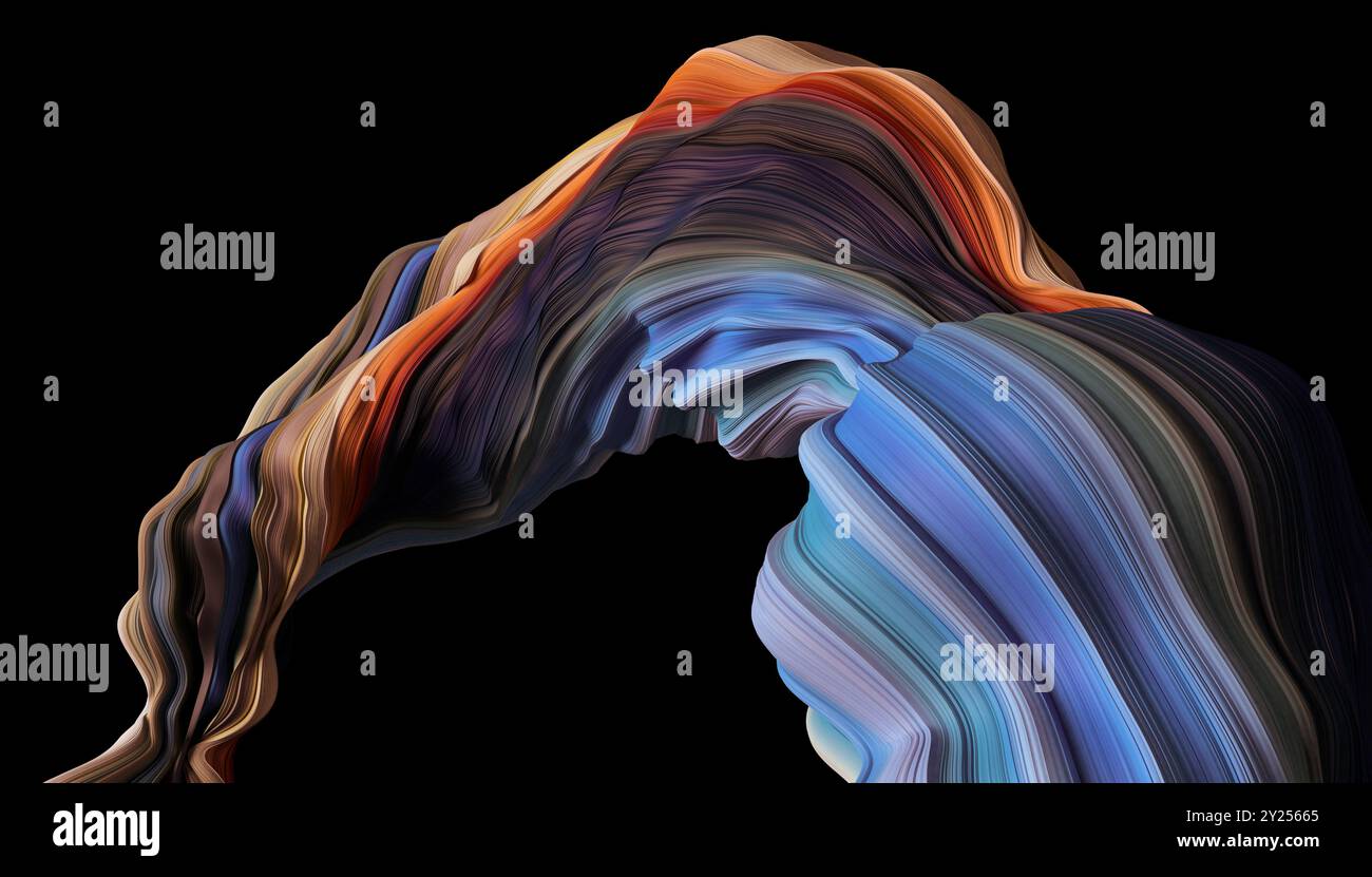 Macro di nastri piegati, carta da parati alla moda con strati ondulati e polsini.illustrazione 3d. Foto Stock