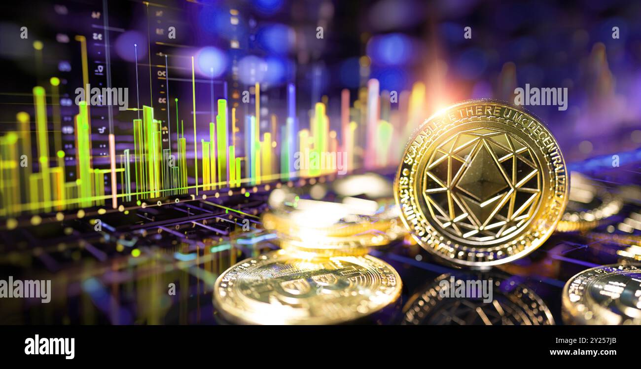 Monete d'oro Ethereum su sfondo futuristico e astratto dei grafici azionari. Concetto finanziario e di investimento. Foto Stock