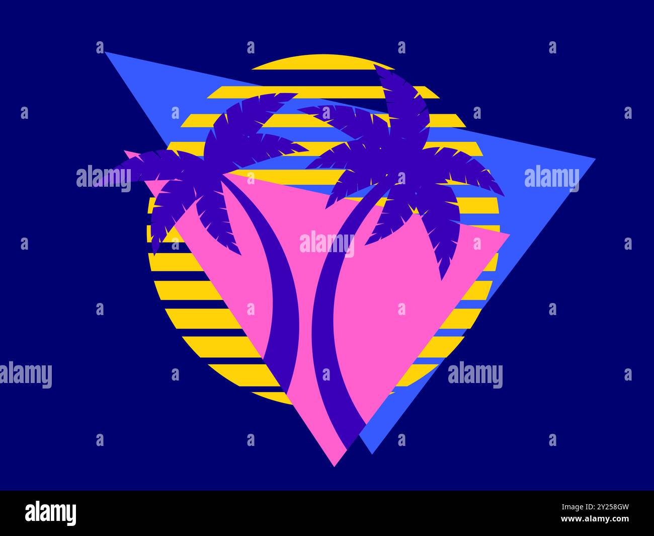 Palme al tramonto, sole retrò in stile anni '80. Silhouette retrò futuristiche di palme contro il sole in una cornice triangolare. Stile Synthwave. Design Illustrazione Vettoriale
