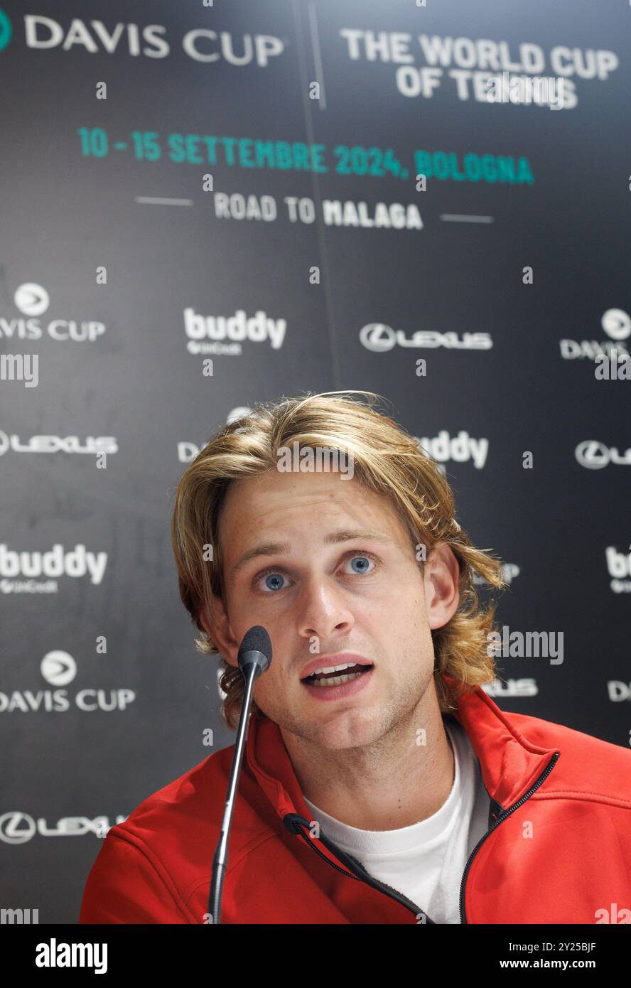 Bologna, Italia. 9 settembre 2024. Zizou Bergs belga nella foto durante una conferenza stampa riguardante la squadra belga nella fase a gironi delle finali di Coppa Davis, lunedì 9 settembre 2024, a Bologna, in Spagna. BELGA PHOTO BENOIT DOPPAGNE credito: Belga News Agency/Alamy Live News Foto Stock