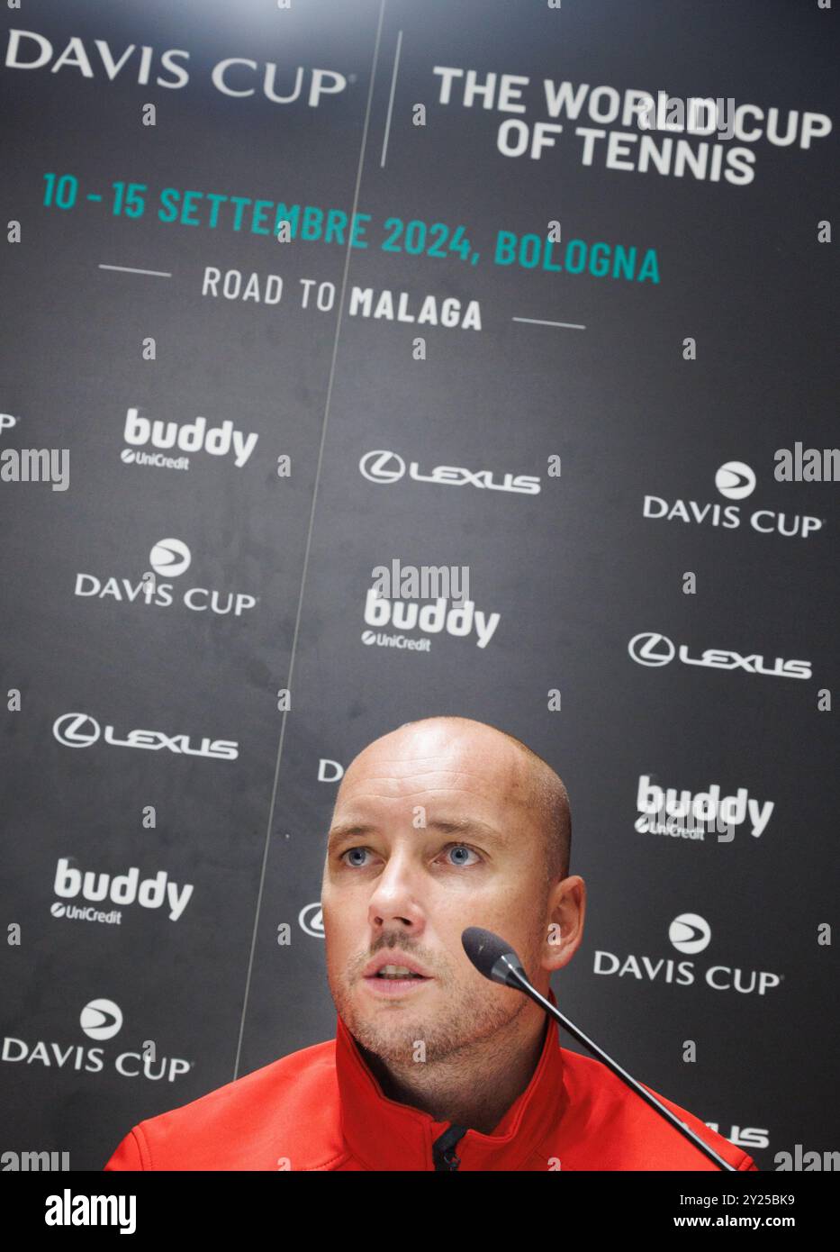 Bologna, Italia. 9 settembre 2024. Il capitano belga Steve Darcis nella foto durante una conferenza stampa riguardante la squadra belga nella fase a gironi delle finali di Coppa Davis, lunedì 9 settembre 2024, a Bologna, Spagna. BELGA PHOTO BENOIT DOPPAGNE credito: Belga News Agency/Alamy Live News Foto Stock