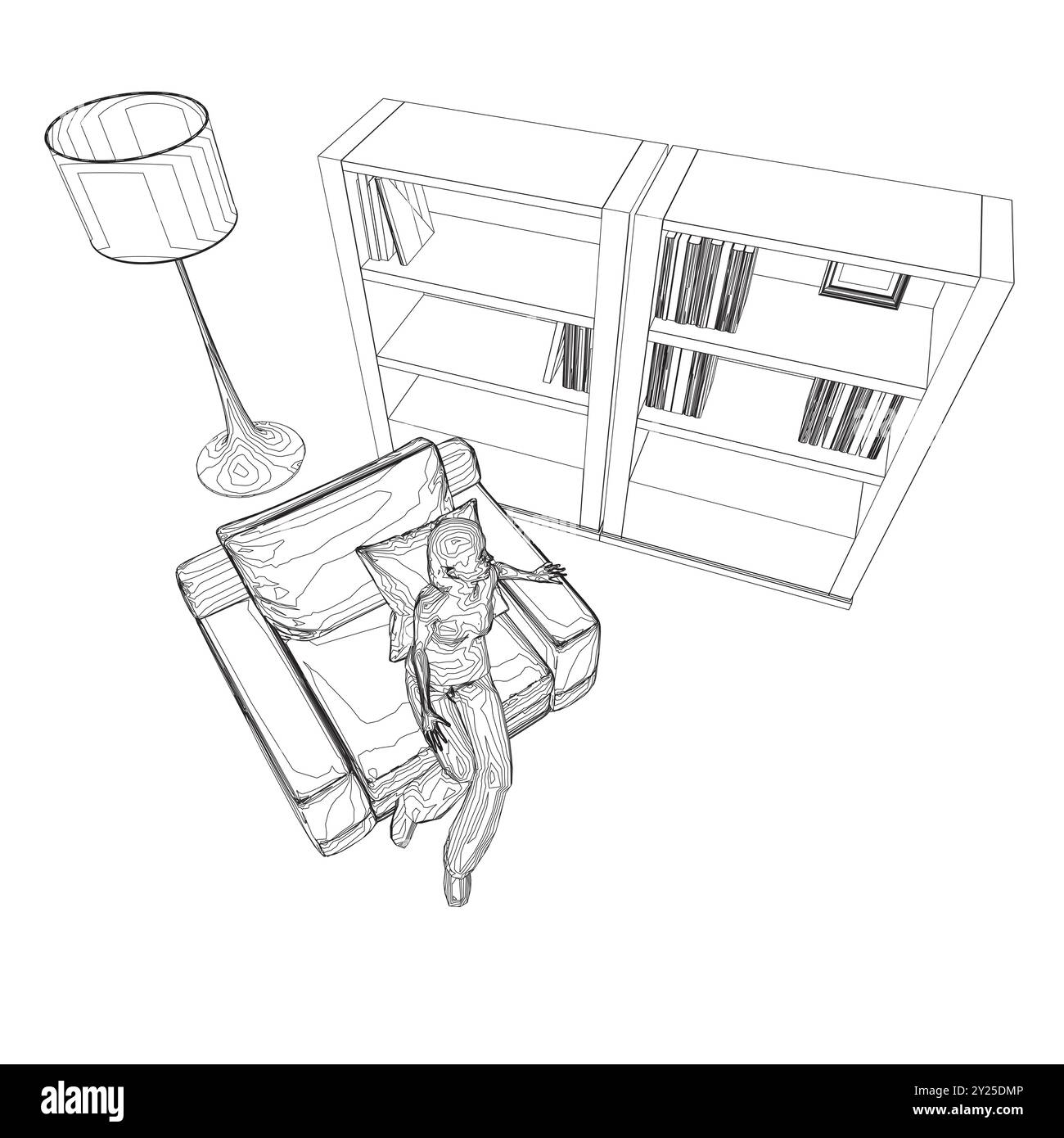 Contorno di donna seduta in poltrona in camera con lampada e libreria con libri fatti di linee nere isolate su sfondo bianco. Illustrazione vettoriale. Illustrazione Vettoriale