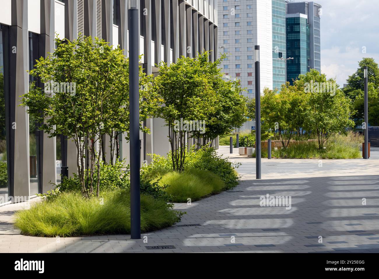 Paesaggio urbano moderno con alberi verdi Foto Stock