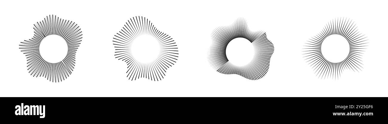 Set equalizzatore onde sonore, onde audio cerchio radiofrequenza. Elementi di progettazione vettoriali isolati Illustrazione Vettoriale