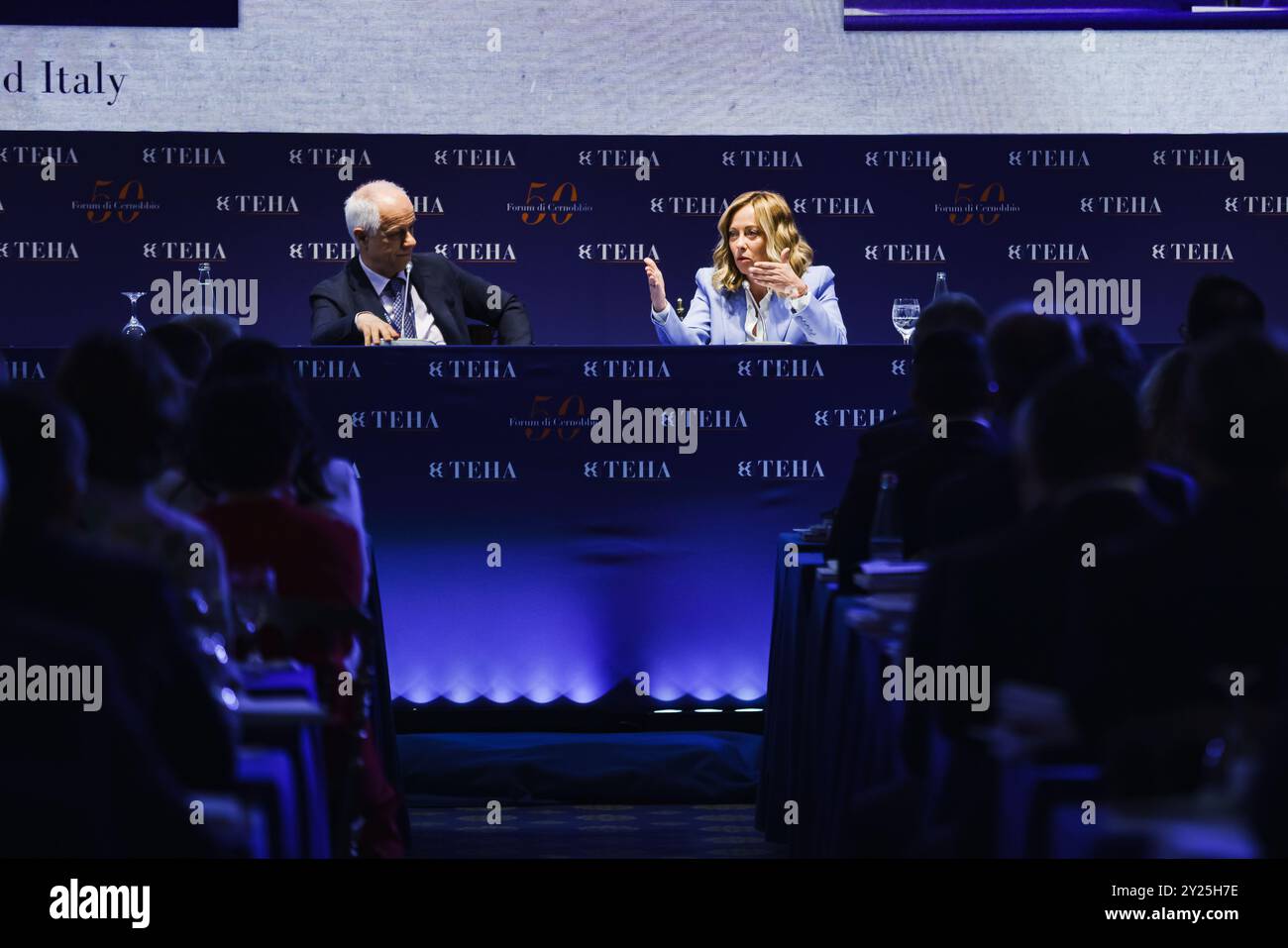 Cernobbio, la 50esima edizione del Forum Ambrosetti della Casa europea. Nella foto: Giorgia Meloni, Presidente del Consiglio dei Ministri della Repubblica Italiana Foto Stock