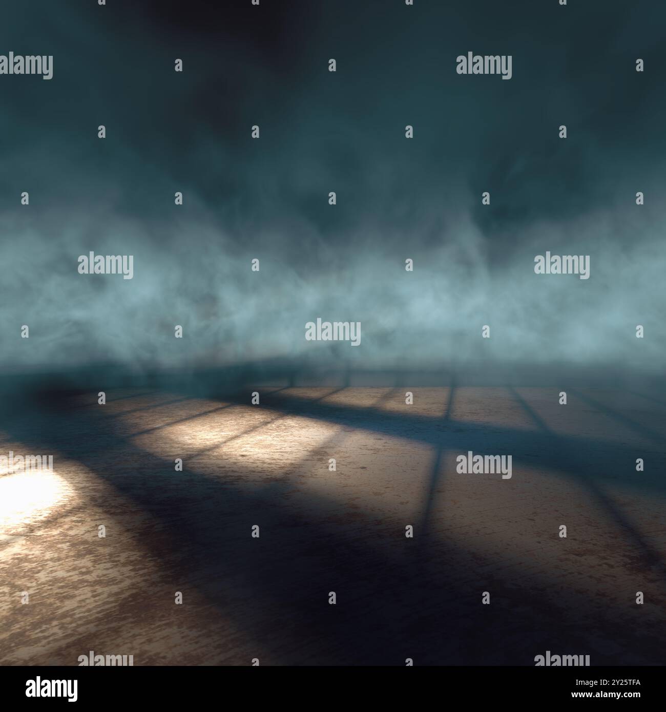 Pavimento scuro e pareti con luce finestra e nebbia o fumo. Oscurare o disturbare un luogo vuoto. Foto Stock